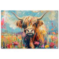 GARTENPOSTER Schottische Hochländer - Natur - Farbenfroh - Blumen Gartendeko 90x60 cm - Hellblau, Kunststoff (90/60/0.2cm) - OnlyWow