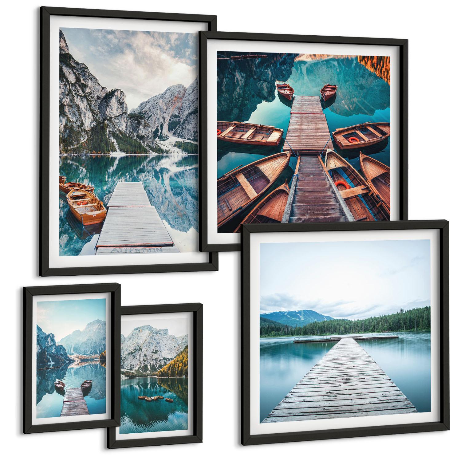 BILDER SET 5er Set - 50x50 cm & 20x30 cm & 40x60 cm Schwarzer Rahmen - Holzstege am See, Boote - Schwarz, Kunststoff (40/60cm) - TULUP