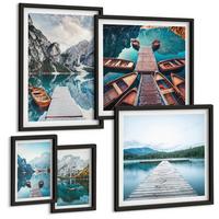 BILDER SET 5er Set - 50x50 cm & 20x30 cm & 40x60 cm Schwarzer Rahmen - Holzstege am See, Boote - Schwarz, Kunststoff (40/60cm) - TULUP