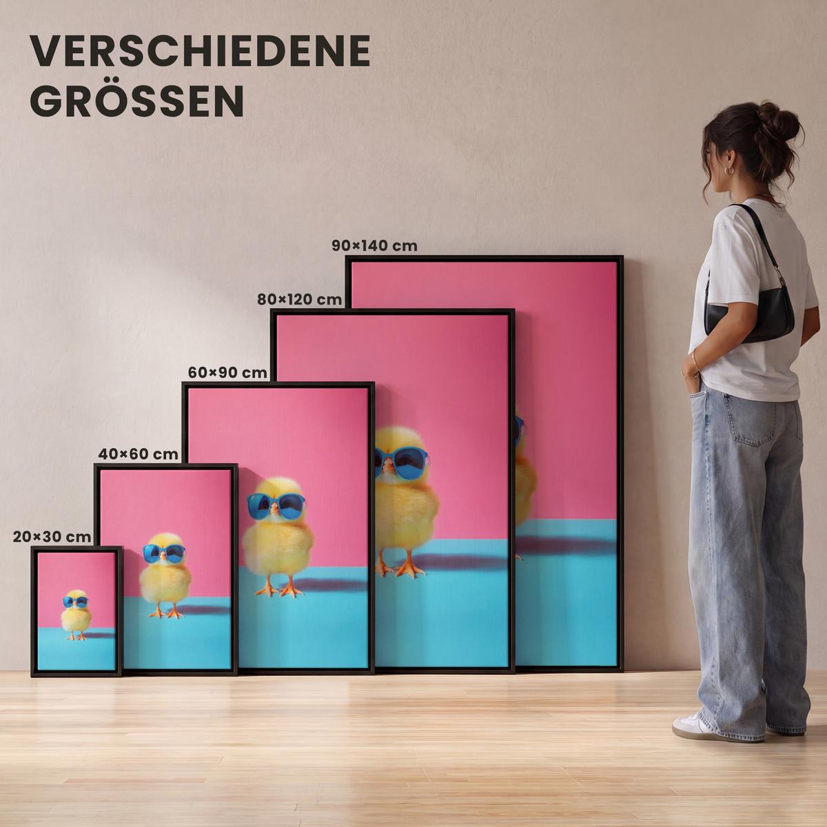 LEINWAND Bilder mit Rahmen - Chick - Sonnenbrille - Blau - 60x90 - Pink, Textil (60/90cm) - MuchoWow