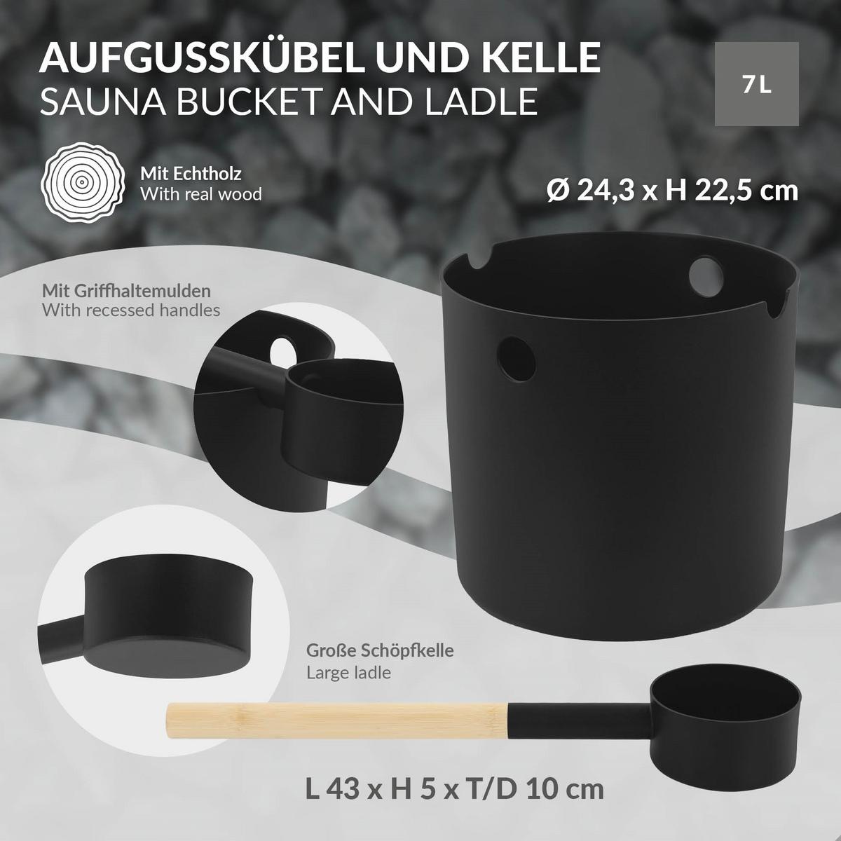SAUNA ZUBEHÖR SET 2 tlg Aufgusseimer Saunakelle aus Aluminium Schwarz Saunaaufguss Set - Schwarz, Metall (24.3/22.5/24.3cm) - LuxeBath