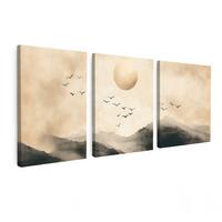 LEINWANDBILD 3er Set Landschaft - Japandi - Beige - Vögel 180x80 cm - Beige, Textil (180/80cm) - MuchoWow