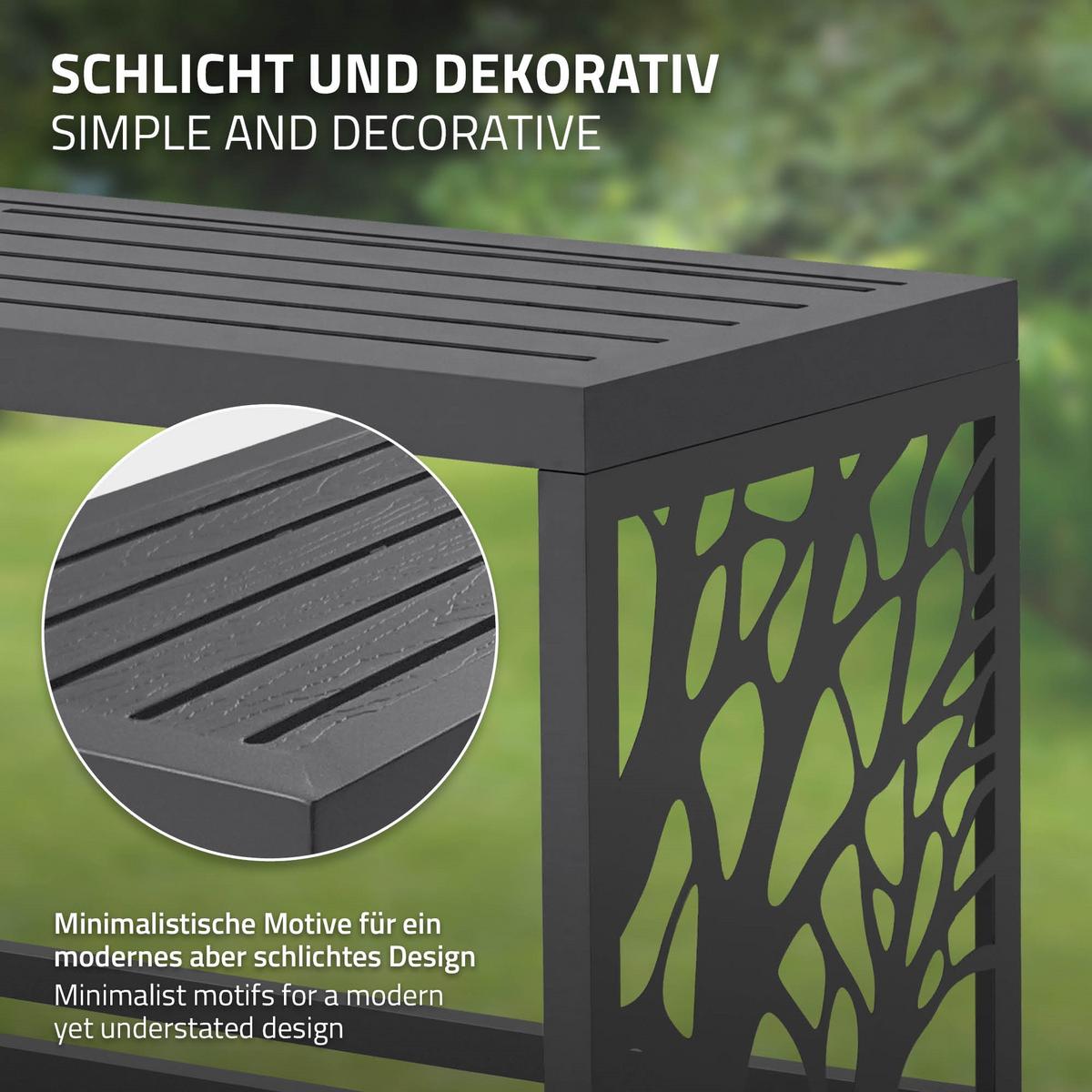 KAMINHOLZREGAL Innen/Aussen mit Sitzbank Metall Brennholzregal Anthrazit 120x38x43 cm Stahl Verzinkt Zweige-Motiv - Anthrazit, Metall (120/43/38cm) - ML-DESIGN