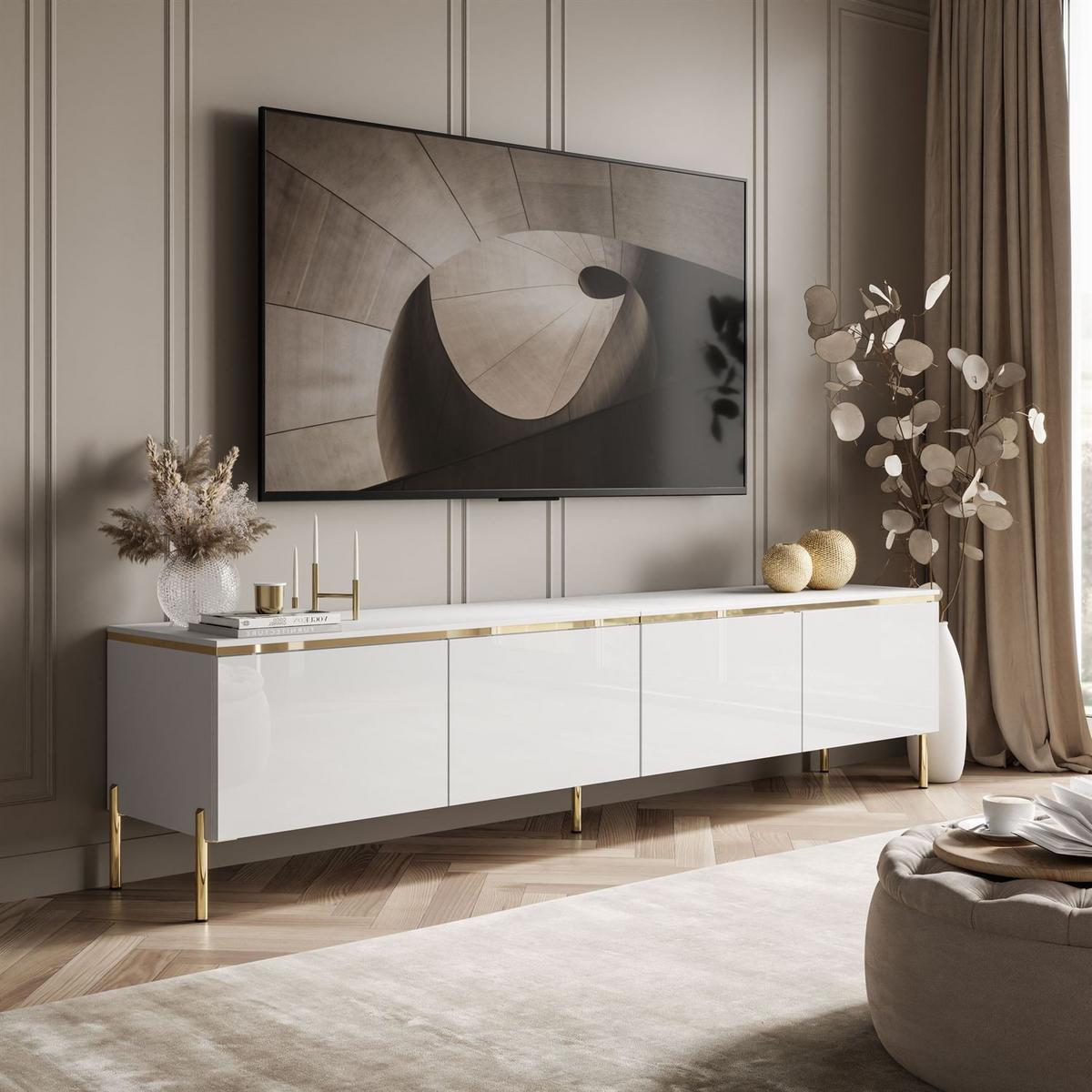 TV-RACK CELINE GLOSS 200 cm auf gerade goldenen Füßen - Weiß, Holzwerkstoff (200/49/40cm) - Lookway