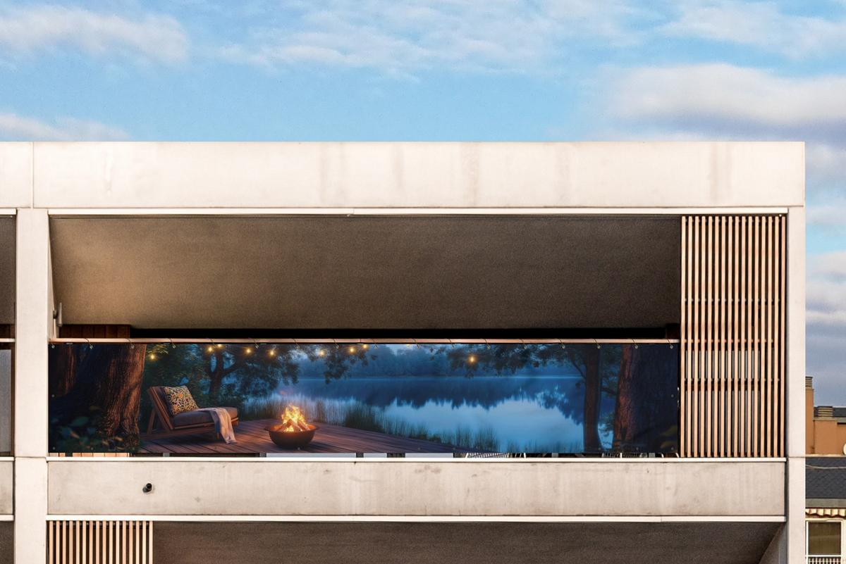 BALKON-SICHTSCHUTZ Lagerfeuer - See - Abendlicht Groß 500x85 cm - Dunkelblau, Kunststoff (500/85cm) - MuchoWow
