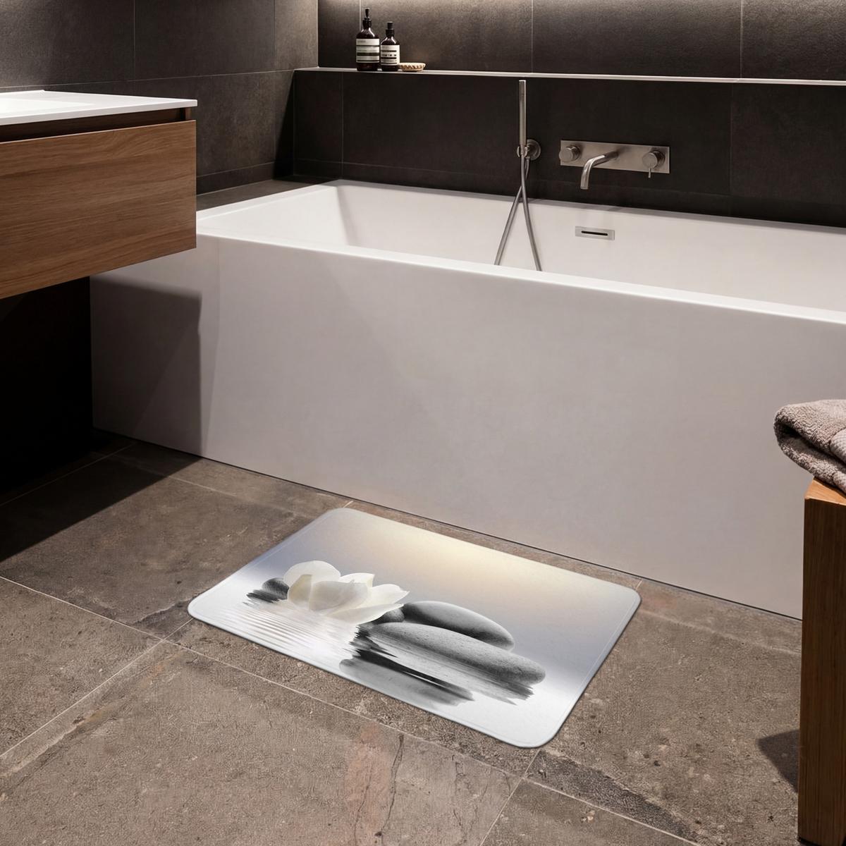 BADEMATTE Steine - Lotus - Weiß - Wasser - Zen 60x40 cm - Weiß, Textil (60/40cm) - OnlyWow