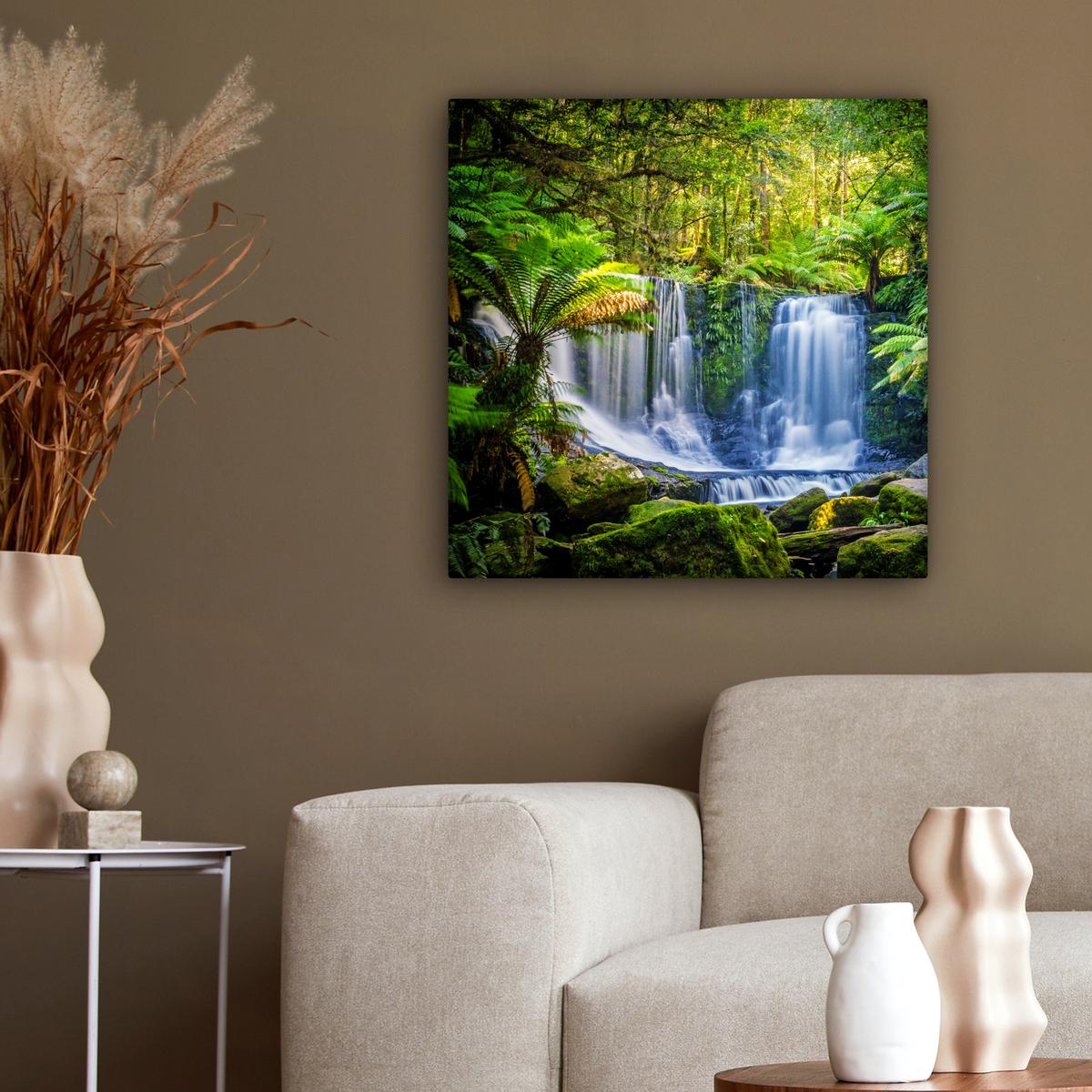 LEINWANDBILD Dschungel - Wasserfall - Australien - Pflanzen - Natur Wandbild Wohnzimmer 50x50 cm - Dunkelgrün, Textil (50/50cm) - MuchoWow