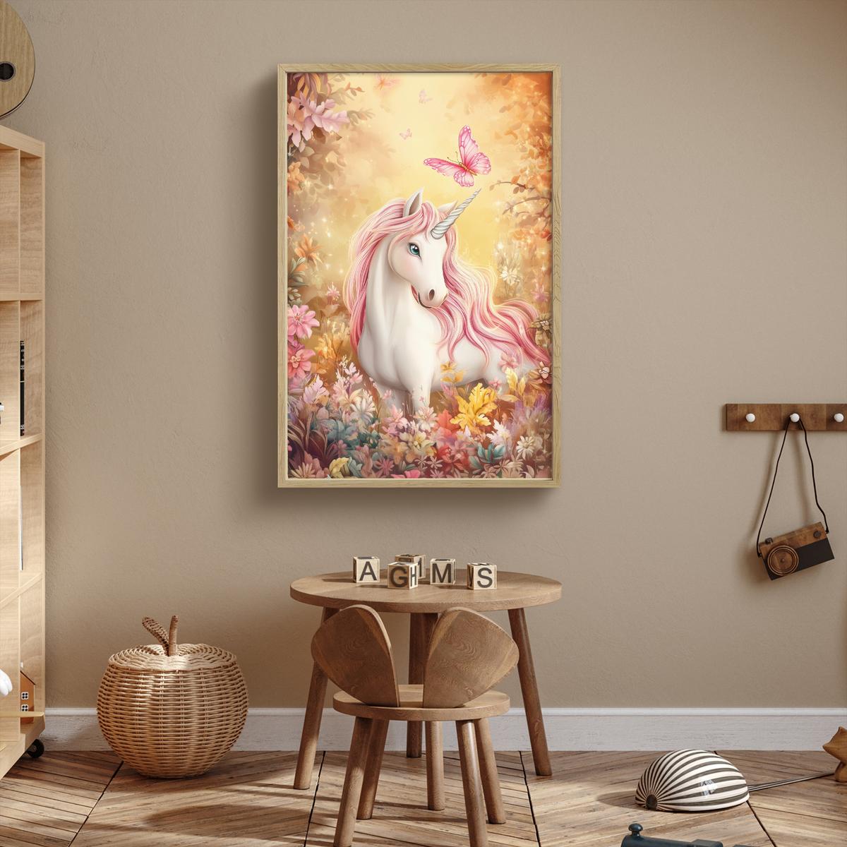 WANDLEUCHTE MIT AKKU Einhorn - Blumen - Schmetterling - Rosa 60x90 cm - Beige, Holzwerkstoff (60/90/8cm) - OnlyWow