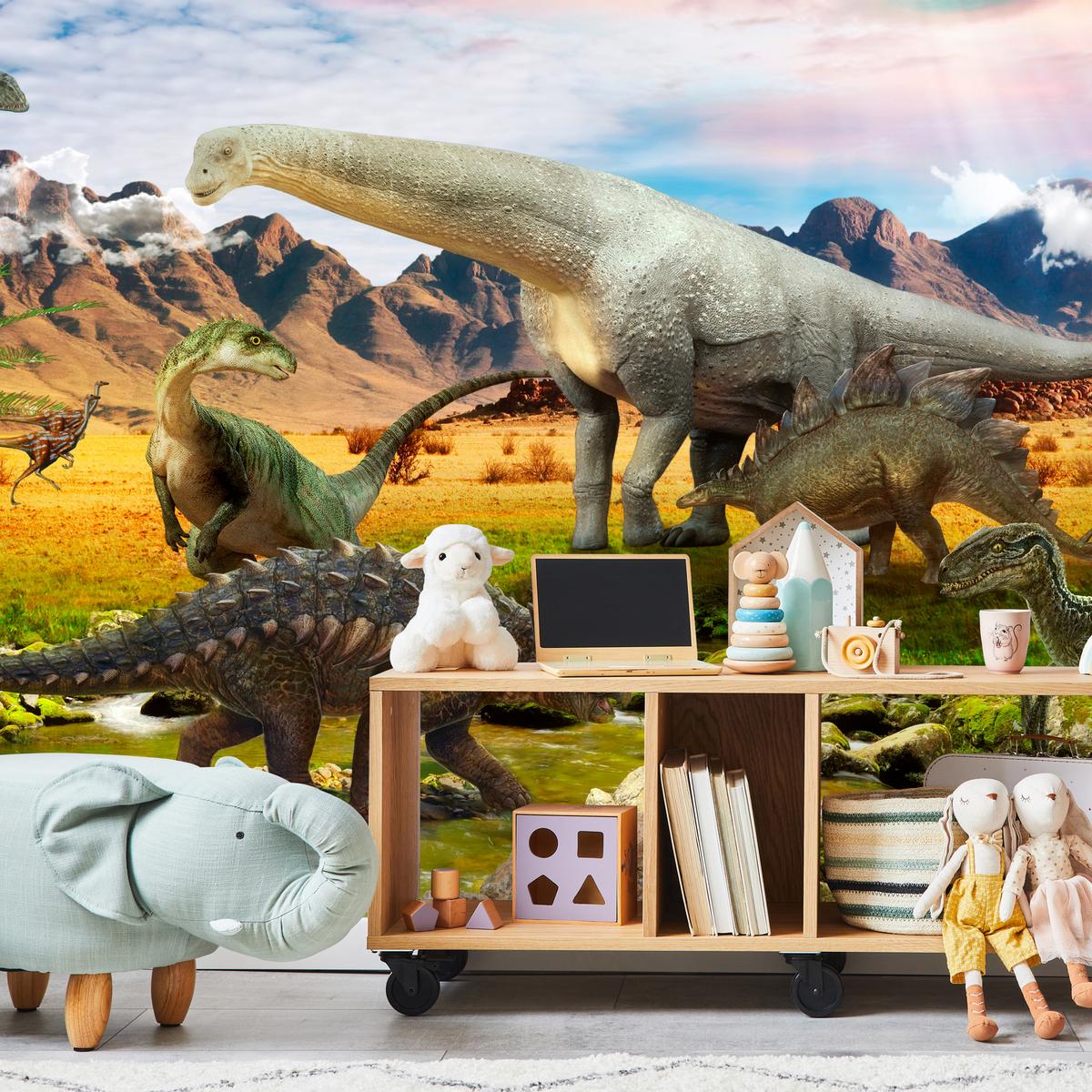 FOTOTAPETE für Kinderzimmer Dinosaurier Berge aus Felsen Bäume 100x70 - Multicolor, Papier (100/70cm) - Muralo