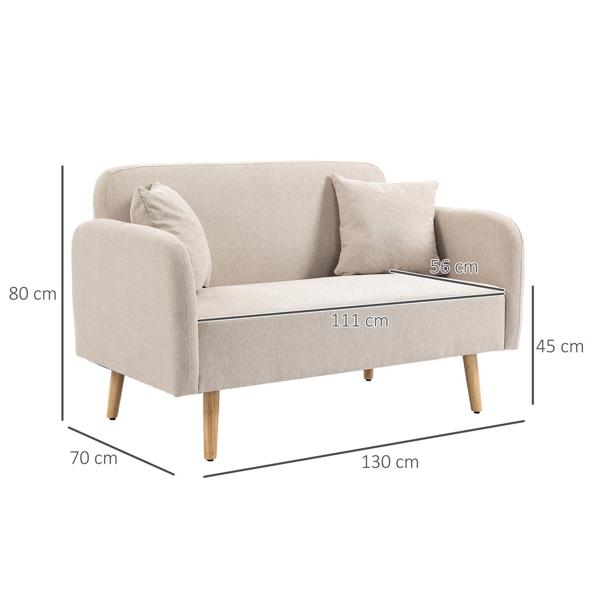 2 Sitzer Sofa, Couch mit 2 Wurfkissen, gepolsterter Doppelsofa mit Samtopik - Creme, Holz (70/80/130cm) - HOMCOM