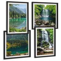 BILDER SET 4er Set - 50x50 cm & 40x60 cm Schwarzer Rahmen - Wasserfälle in grüner Umgebung - Schwarz, Kunststoff (50/50cm) - TULUP