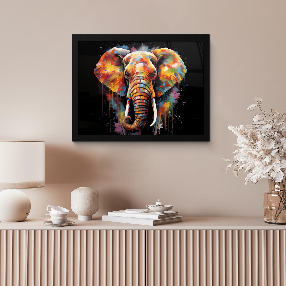 POSTER MIT RAHMENGERAHMTES BILD Elefant - Graffiti - Schwarz - Tiere - Farben 40x30 cm - Schwarz, Papier (40/30cm) - MuchoWow