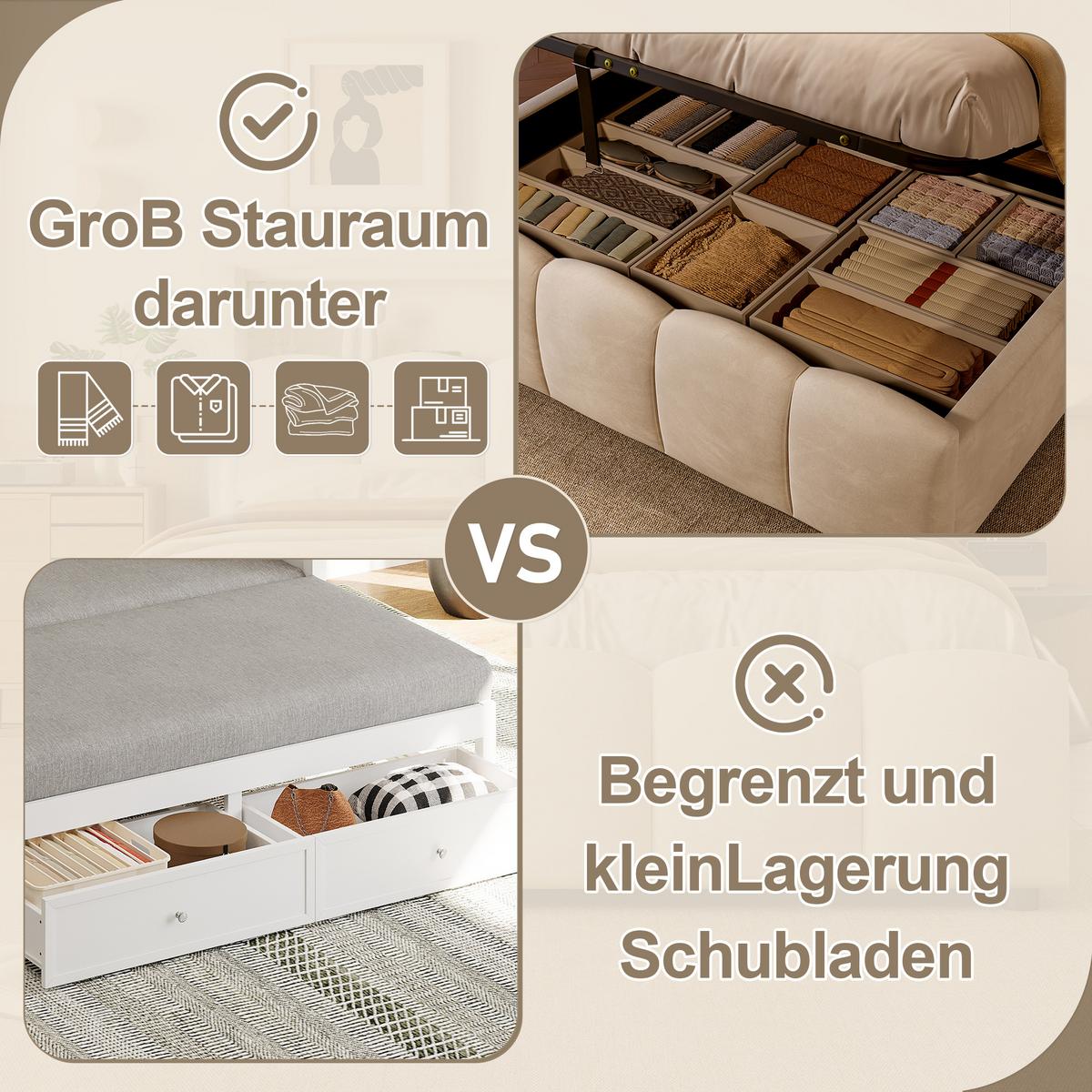 POLSTERBETT samt beige 140x200cm mit stauraum led usb - Beige, Textil (140/200cm) - Urban Meuble