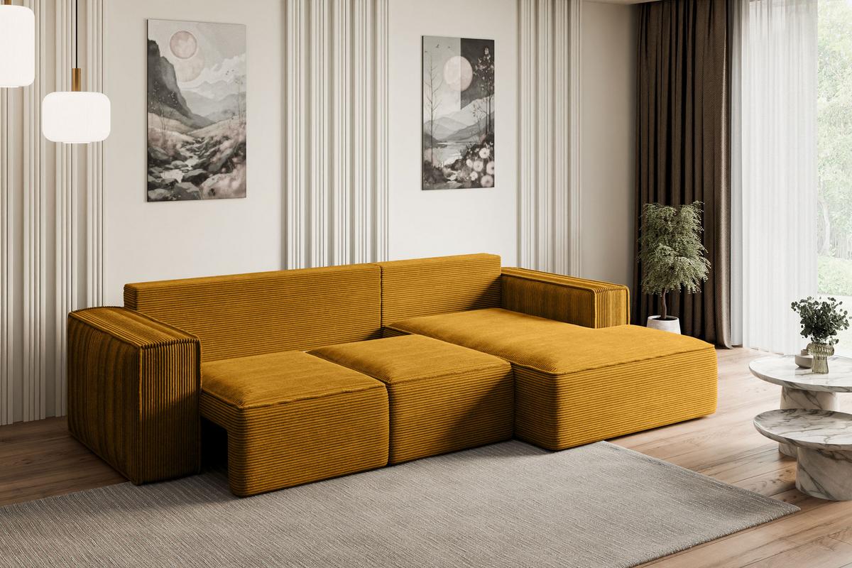 ECKSOFA mit Schlaffunktion und Bettkasten SERRA-L-S - 266x161x87 cm Senfgelb Cord - Currygelb/Schwarz, Holzwerkstoff/Kunststoff (266/161cm) - ALTDECOR