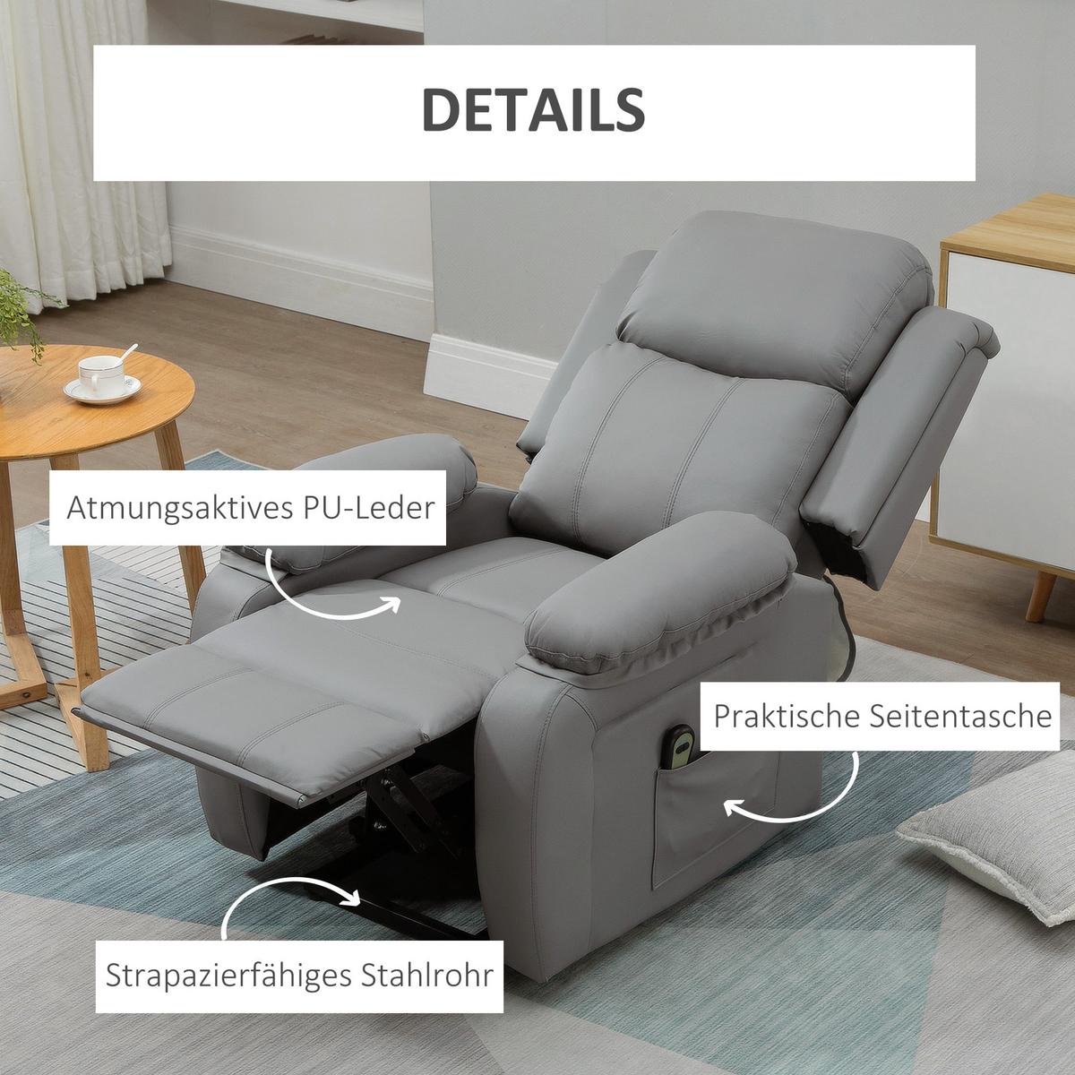FERNSEHSESSEL mit Aufstehhilfe, Liegefunktion, Fernbedienung für Wohnzimmer Grau - Schwarz/Grau, Textil/Metall (76/105/90cm) - HOMCOM
