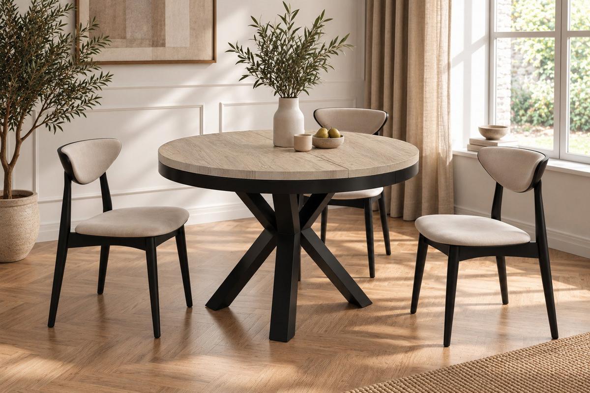 ESSTISCH Clara runder ausziehbarer, Eiche Sonoma Hellbraun 120-200/120/76 cm - Schwarz/Sonoma Eiche, Holzwerkstoff/Metall (120/200/76cm) - WFL GROUP