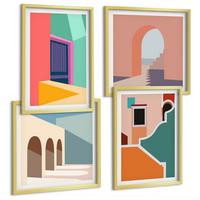 BILDER SET 4er Set - 50x50 cm & 40x60 cm Goldrahmen - Farbenfrohe Illustrationen der Stadt - Goldfarben, Kunststoff (50/50cm) - TULUP