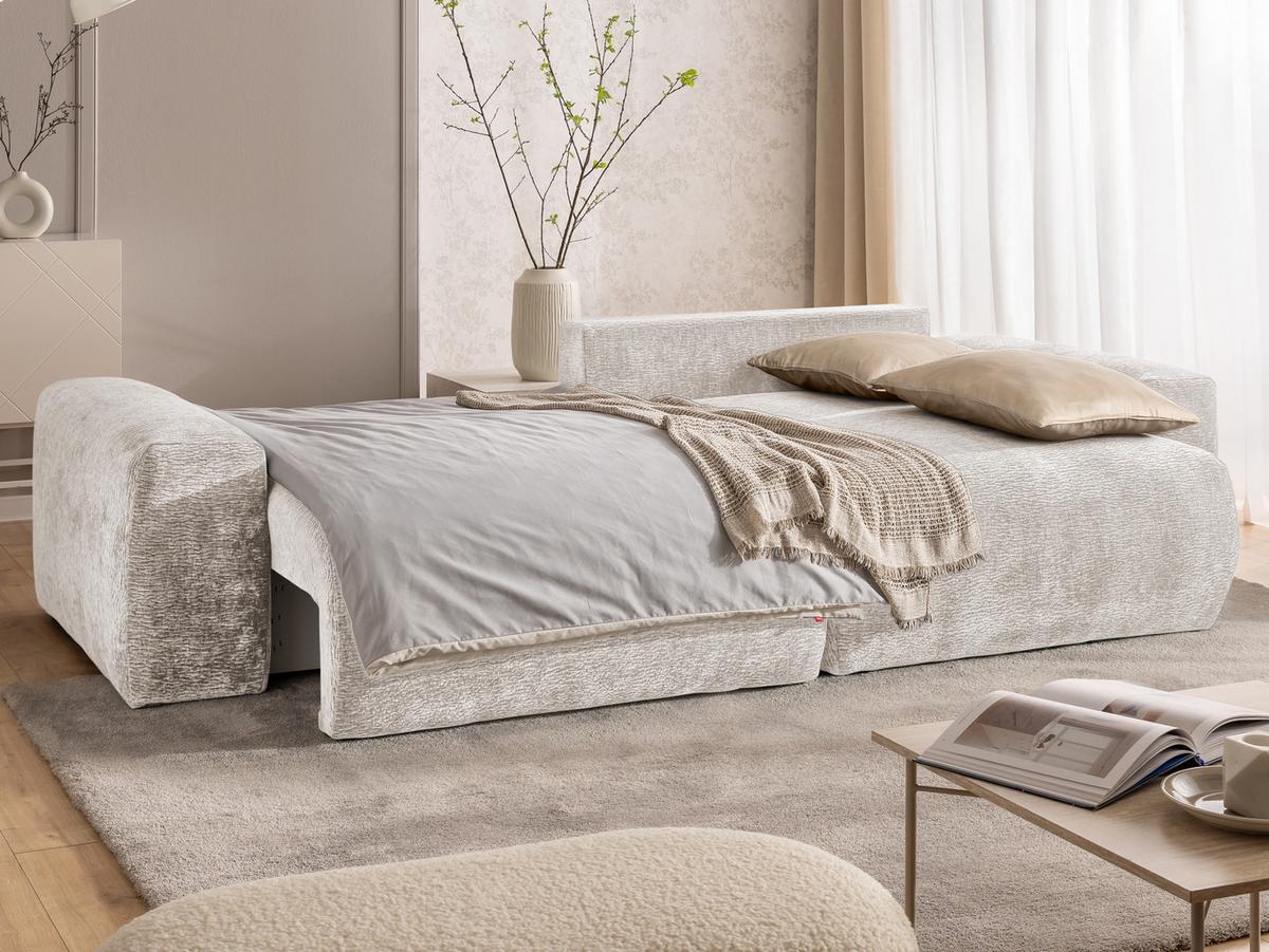 ECKSOFA Puffy mit Schlaffunktion und Bettkasten - besonders weich und puffig aus Beige Stoff mit Chenillestruktur - Ottomane rechts - Beige/Schwarz, Holz/Kunststoff (266/138cm) - S-Style Möbel