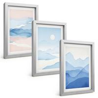 BILDER SET 3er Set - 20x30 cm Silberner Rahmen - Aquarell: Blau-rosa Berge - Silberfarben, Kunststoff (20/30cm) - TULUP