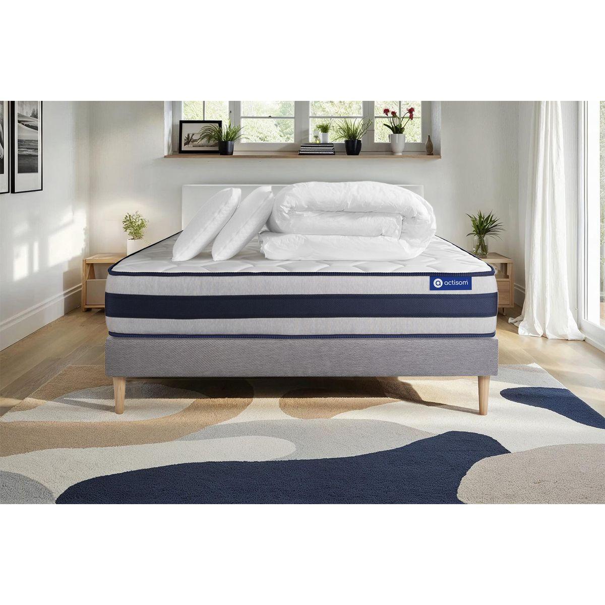 BETT Actiflex ergo Taschenfederkern und Memory-Schaum 160 x 200 cm h4 - Kit Bettgestell Grau - Mit Kissen und Bettdecke - Beige/Grau, Karton/Holz (160/200cm) - ACTISOM