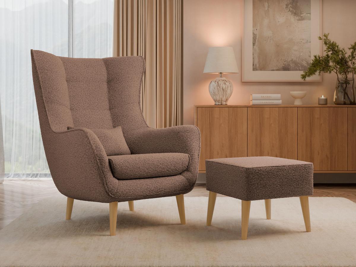 SESSEL Estjano Boucle mit Fußbank - Beige/Braun, Holz/Textil (80/106/95cm) - MIRJAN24
