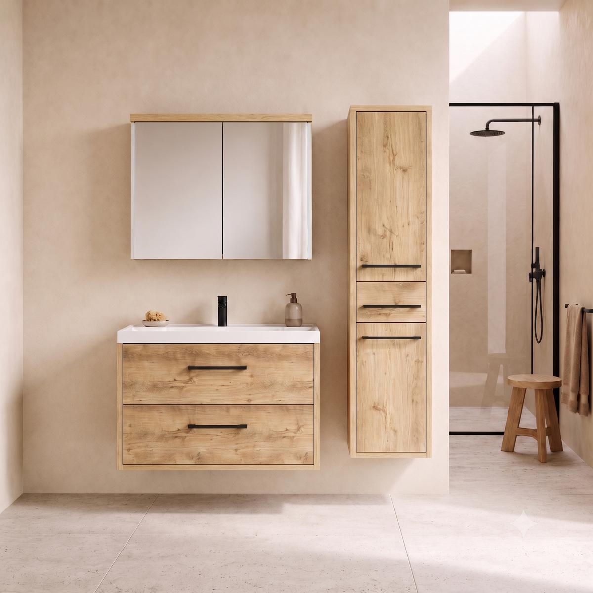 BADMÖBEL-SET Florence 3 Teile Kastanien Eiche - 80 x 35 x 51 cm - Eichefarben, Holz (80/51/35cm) - Badplaats