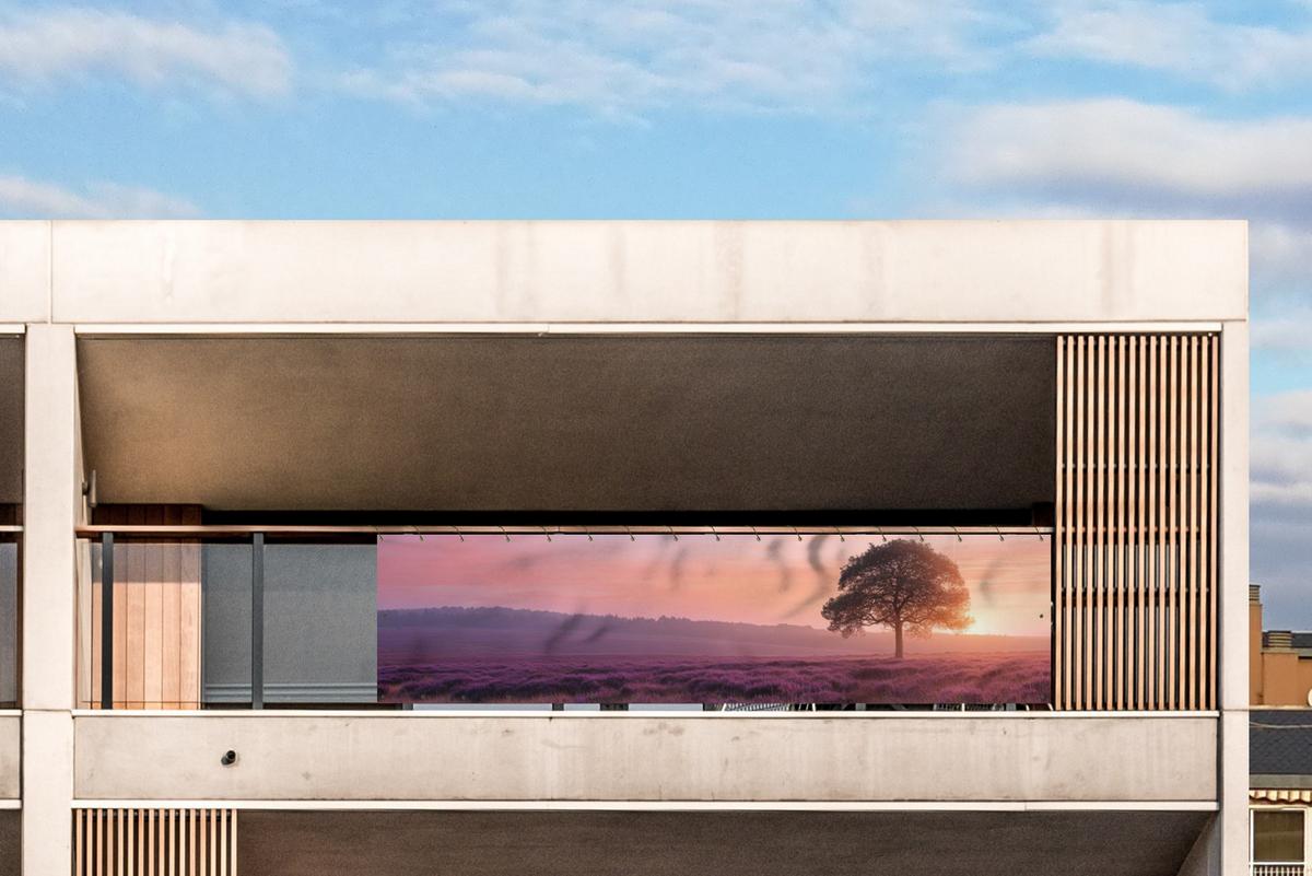 BALKON-SICHTSCHUTZ Baum - Heidekraut - Sonnenaufgang Deko XXL 500x120 cm - Flieder, Kunststoff (500/120cm) - MuchoWow