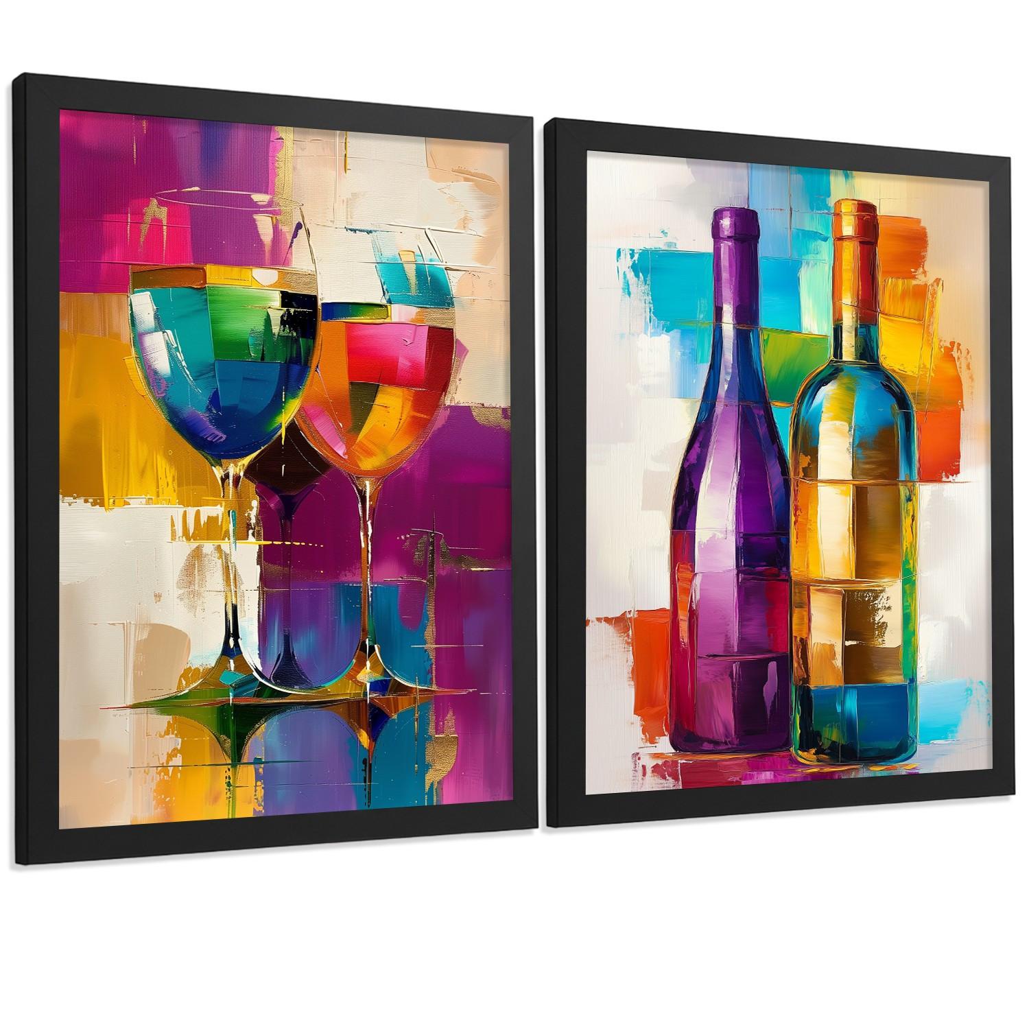 POSTER 2er Set Küchen-Wandbilder Weingläser und Flaschen Pop Art Bunt Abstrakt Esszimmer Wanddeko Schwarzer Rahmen A3 - Schwarz, Papier (29.7/1/42cm) - Nacnic