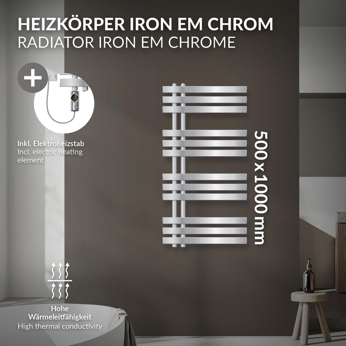 BADHEIZKÖRPER elektrisch Iron EM 500x1000 mm Chrome mit Heizstab 300W Digital - Chromfarben, Metall (50/100/3cm) - LuxeBath