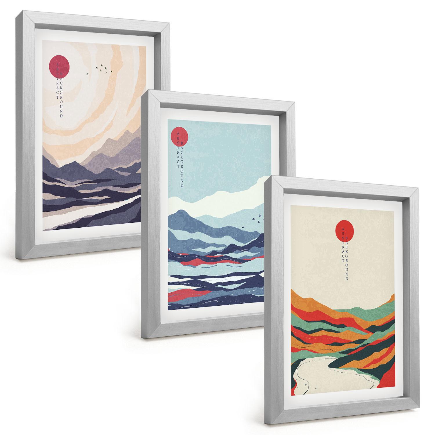 BILDER SET 3er Set - 20x30 cm Silberner Rahmen - Japanische Bergabstraktionen - Silberfarben, Kunststoff (20/30cm) - TULUP