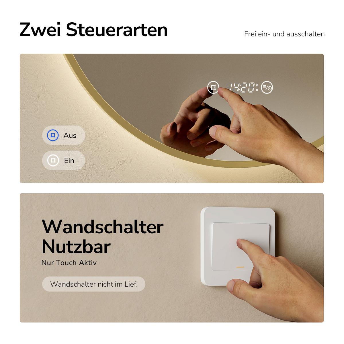 BADSPIEGEL mit LED-Beleuchtung Anti-Beschlag Zeitanzeige Goldfarben Ø 60 cm - Goldfarben, Glas (60/3/3cm) - EMKE