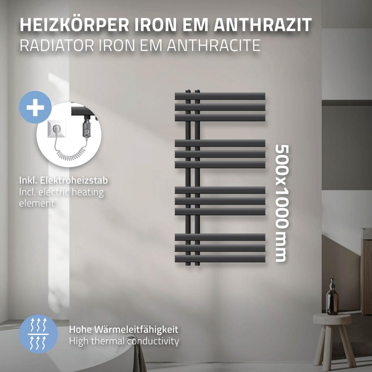 BADHEIZKÖRPER elektrisch Iron EM 500x1000 mm Anthrazit mit Heizstab 600W - Anthrazit, Metall (50/100/3cm) - LuxeBath