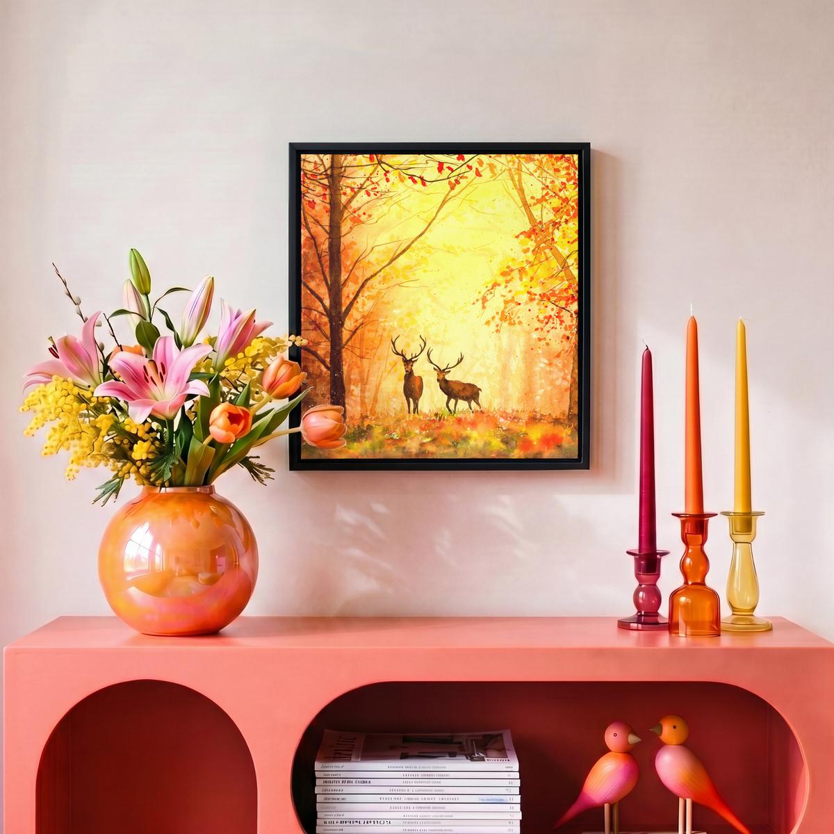 LEINWAND Bilder mit Rahmen - Natur - Ölfarbe - Hirsche - Tiere - Herbst - Orange - 20x20 - Orange, Textil (20/20cm) - MuchoWow
