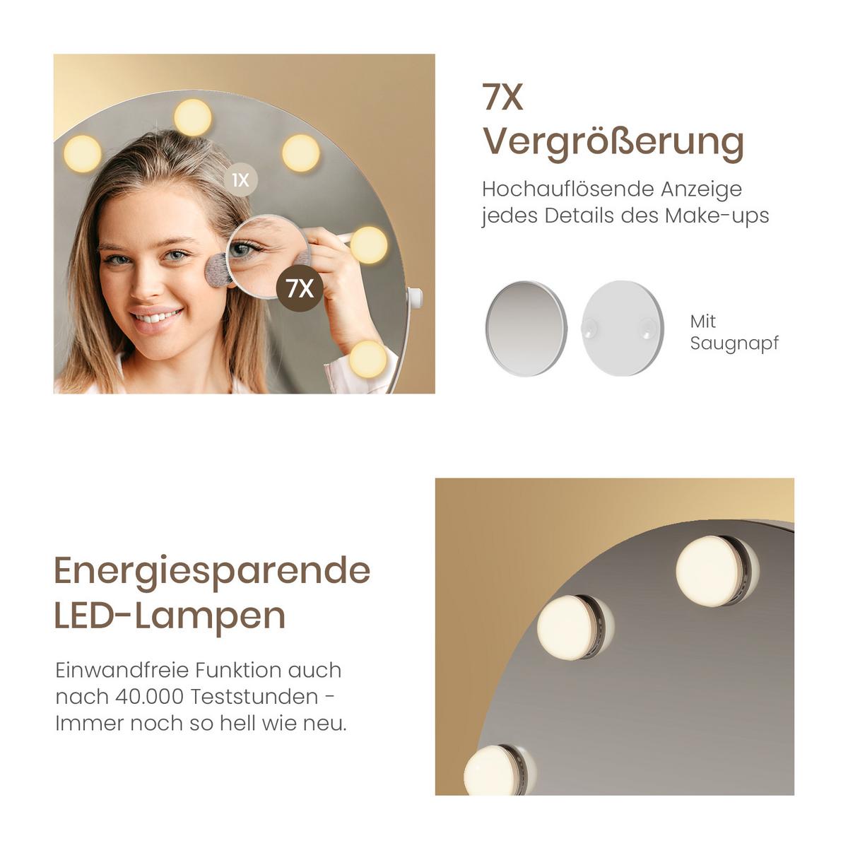 SCHMINKSPIEGEL Runder mit Beleuchtung, Weiß, ф40 cm - Weiß, Glas (40/16/40cm) - EMKE