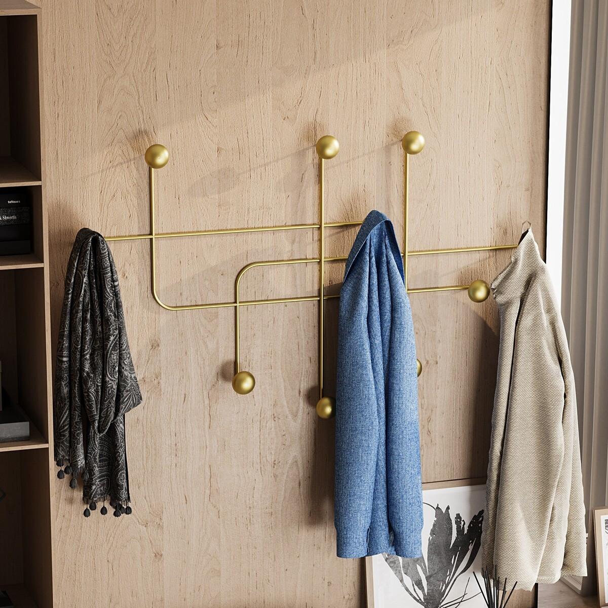 WANDGARDEROBE mit 9 Haken aus goldfarbenem Metall 107/10/64 cm - Goldfarben, Metall (10/64/10cm) - Calicosy