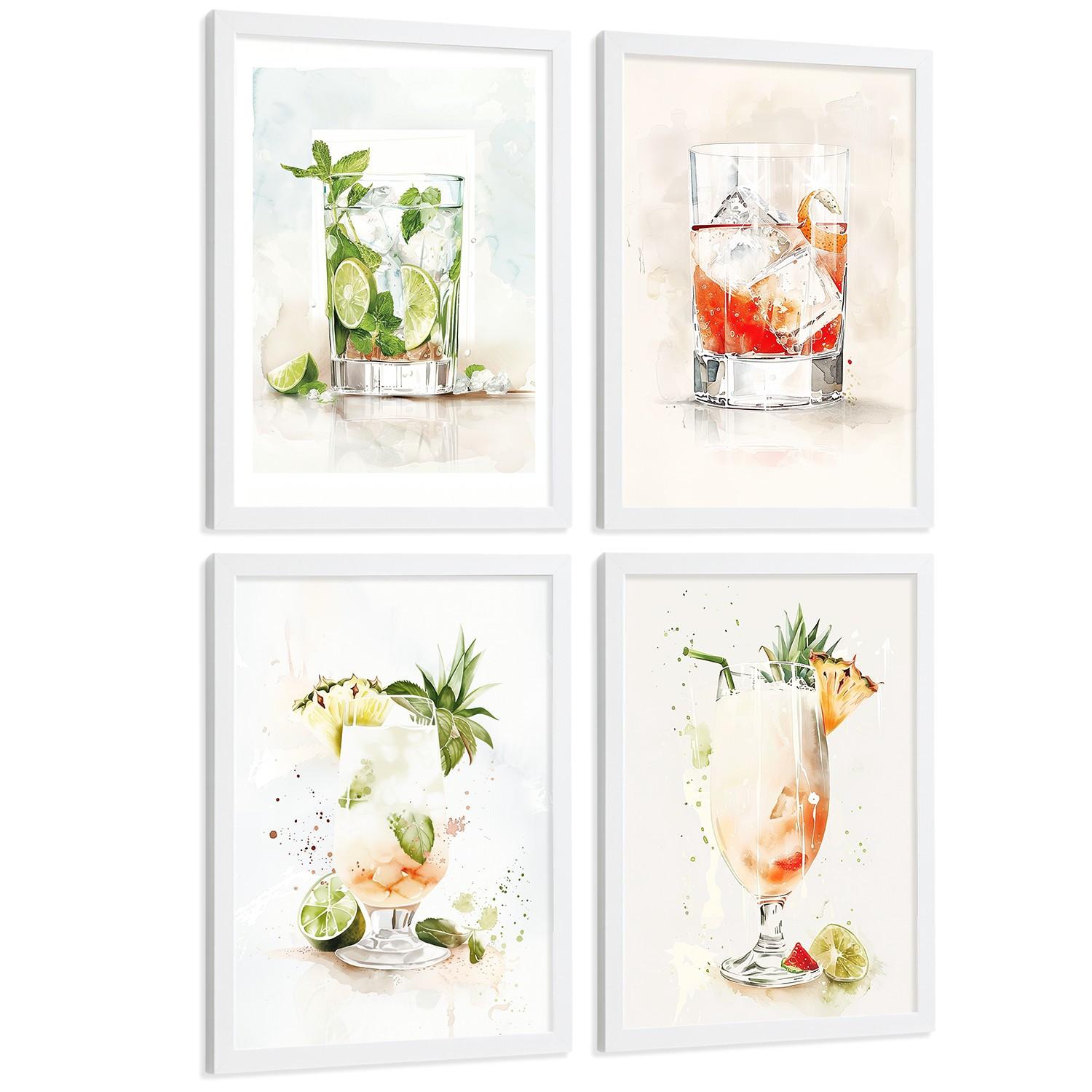 POSTER 4er Set Cocktails und Wein Wandbilder Bunte Gläser Negroni Tropical Aquarell Bar Küche Deko Weißer Rahmen A4 - Weiß, Papier (29.7/1/21cm) - Nacnic