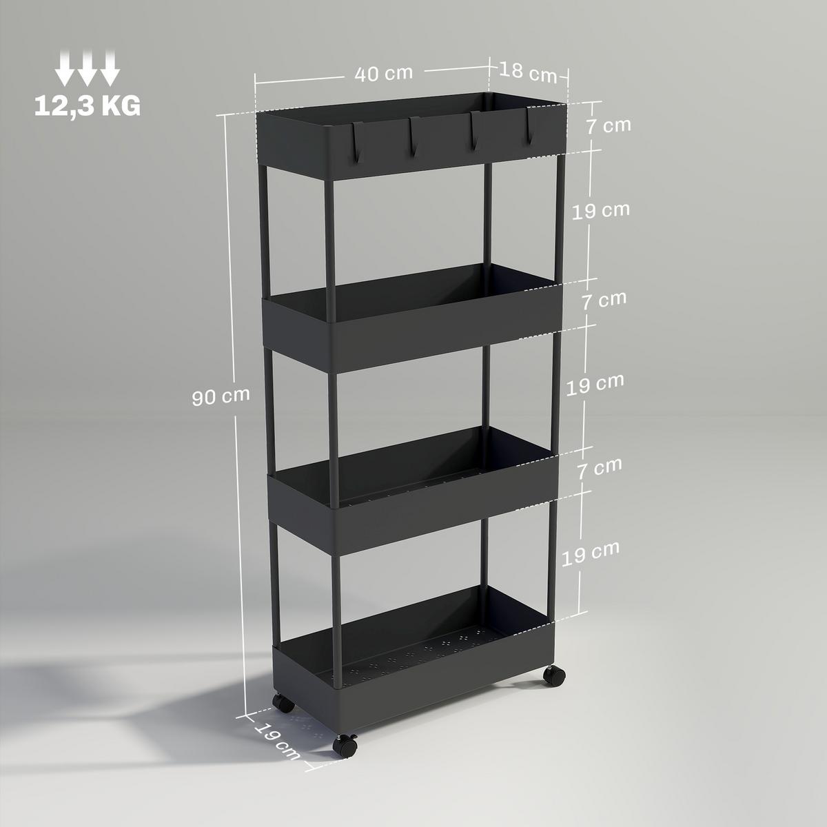 ROLLWAGEN, Küchenregal mit 4 Ebenen, Aufbewahrungsregal mit Rollen, Küchenwagen - Schwarz, Metall (19/90/40cm) - HOMCOM