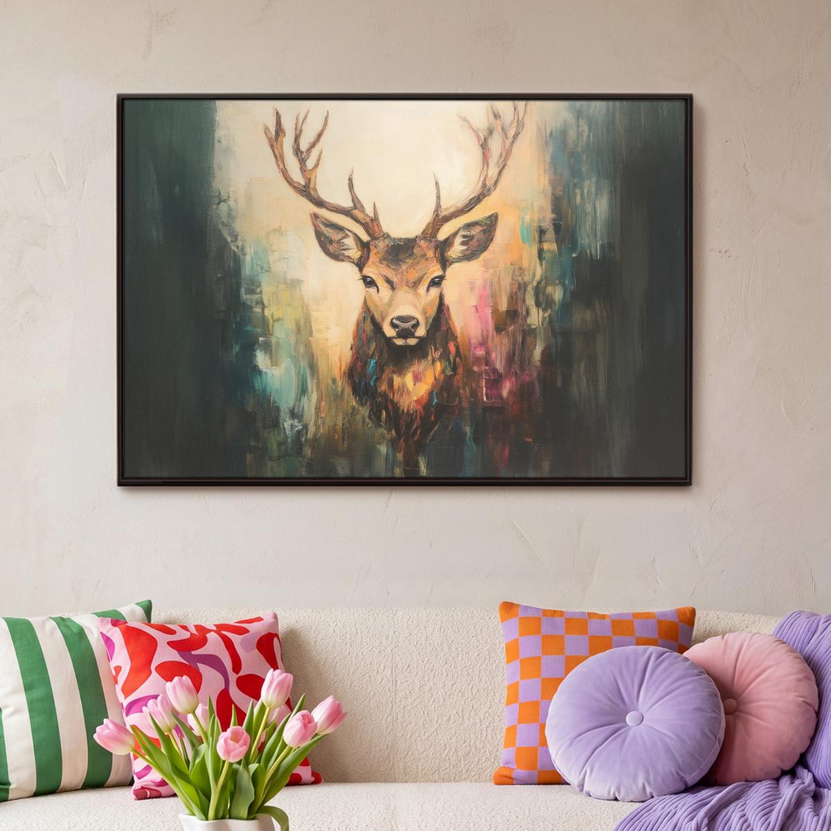 LEINWAND Bilder mit Rahmen - Hirsch - Gemalt - Geweih - Braun - 90x60 - Haselnussfarben, Textil (90/60cm) - MuchoWow