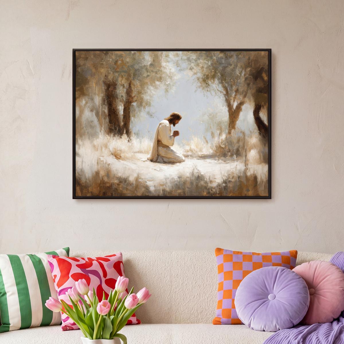 LEINWAND Bilder mit Rahmen - Jesus - Kniend - Waldlandschaft - Betend - 70x50 - Beige, Textil (70/50cm) - MuchoWow