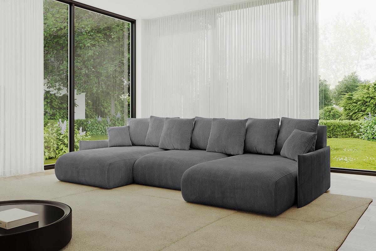 WOHNLANDSCHAFT mit Schlaffunktion und Bettkasten ONESK-U-v1 317x177x72 Dunkelgrau Cord - Dunkelgrau, Holzwerkstoff/Kunststoff (317/72/177cm) - ALTDECOR