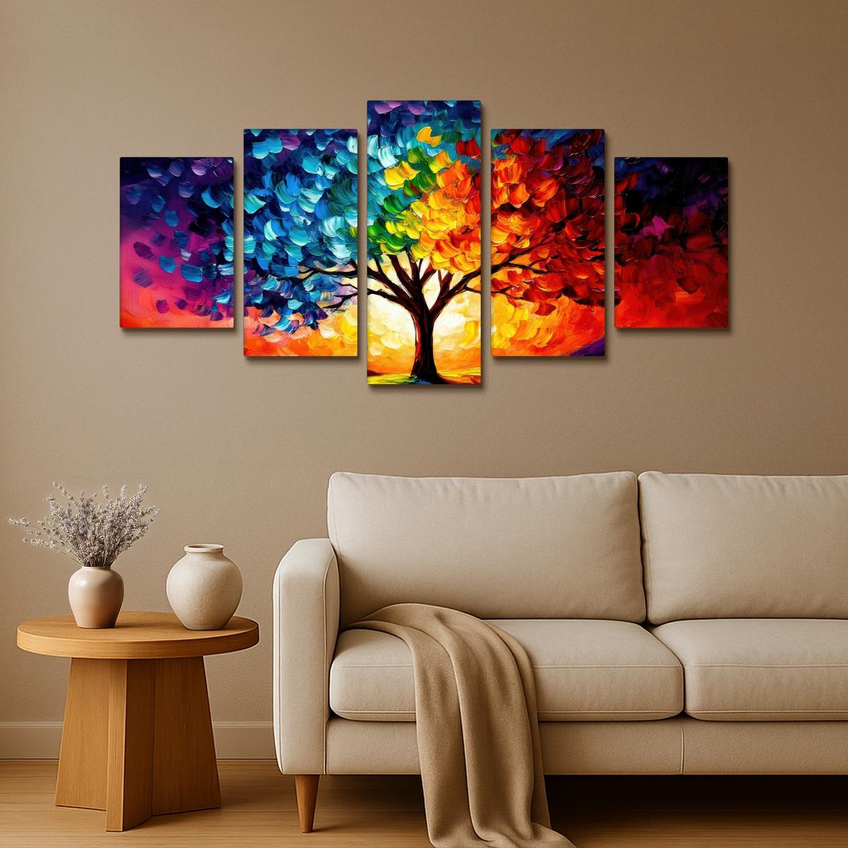 LEINWANDBILD 5er Set Baum - Farbenfroh - Malerei-Look - Abstrakt 100x50 cm - Multicolor, Textil (100/50cm) - MuchoWow