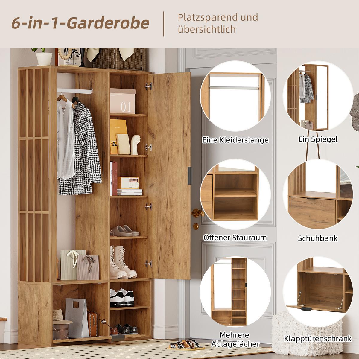 KLEIDERSCHRANK 6-in-1 mit Spiegel, & Wäscheständer Holzfarbe - Naturfarben, Holzwerkstoff (100/190/33cm) - Urban Meuble