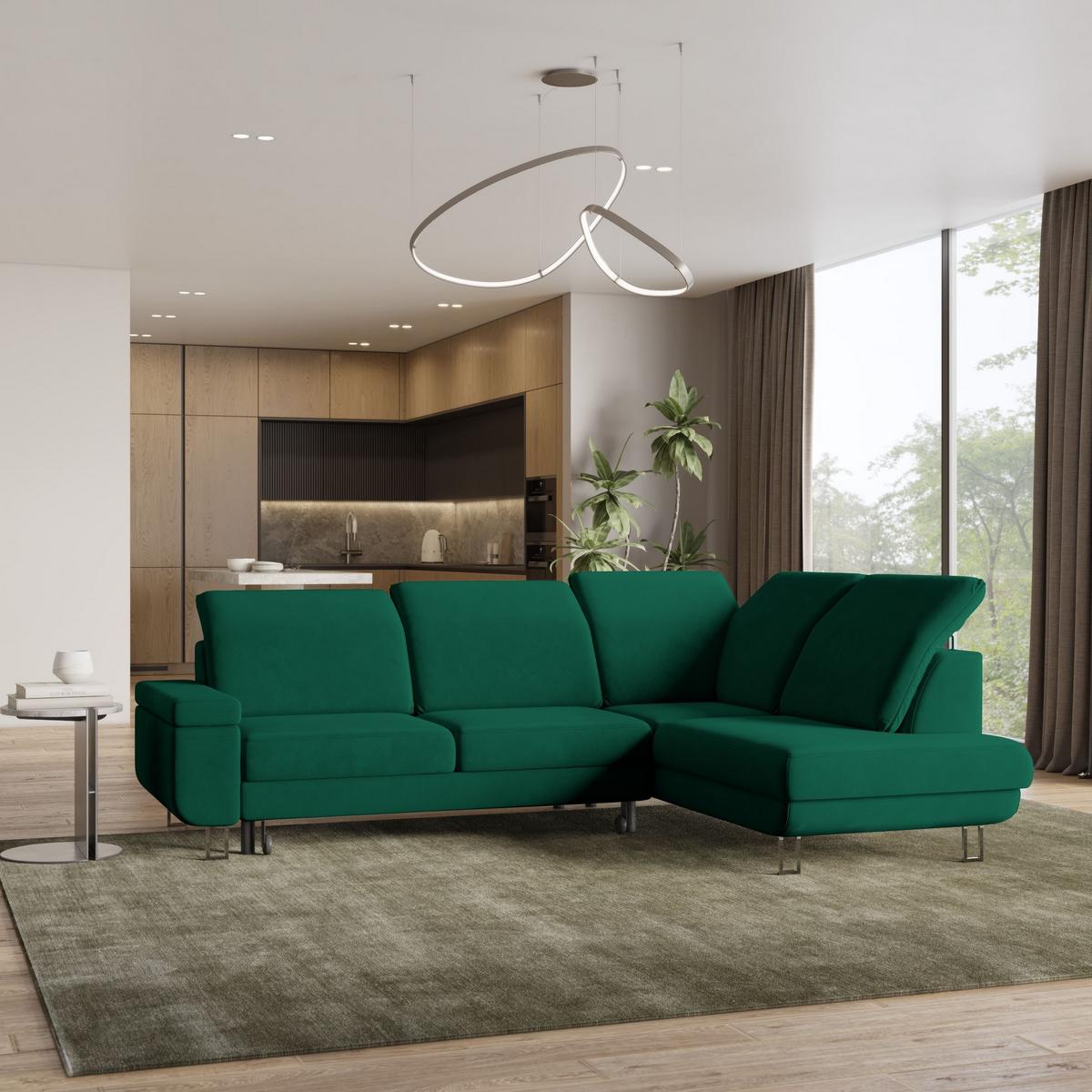 ECKSOFA LERMA R-S Grün Velours-Stoff mit Schlaffunktion - Silberfarben/Grün, Holz/Textil (253/190cm) - MASSENO