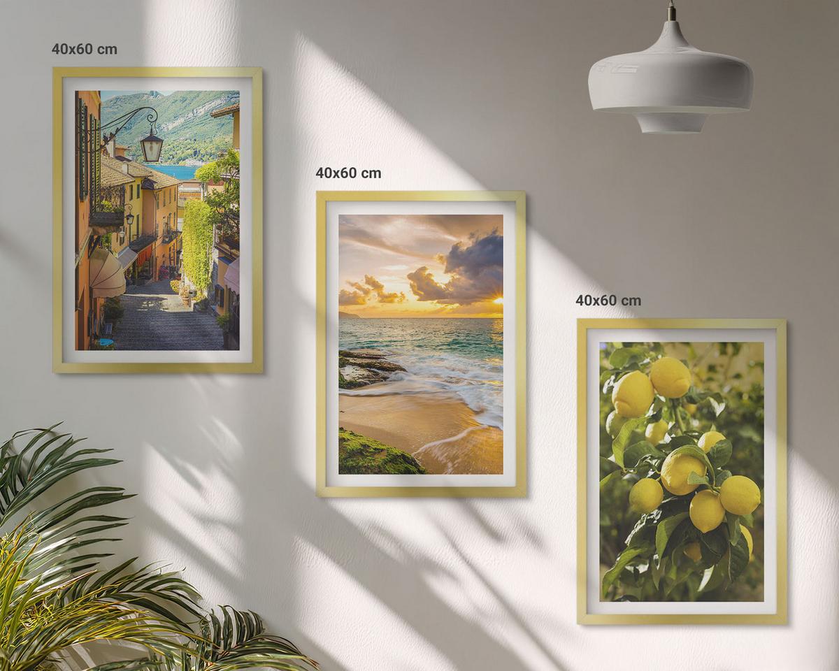 BILDER SET 3er Set - 40x60 cm Goldrahmen - Straßen, Meer, Strand, Zitrusbäume - Goldfarben, Kunststoff (40/60cm) - TULUP