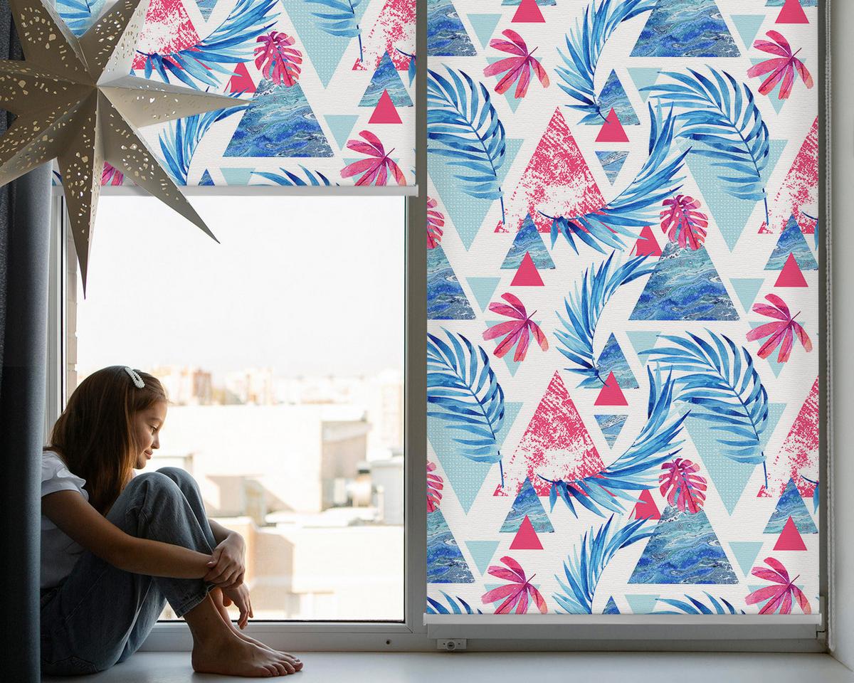 INNENROLLO - Fensterrollo - Rollo - 130x140 cm - Blaue Blätter und Dreiecke - Blau, Kunststoff (130/140/0.5cm) - TULUP