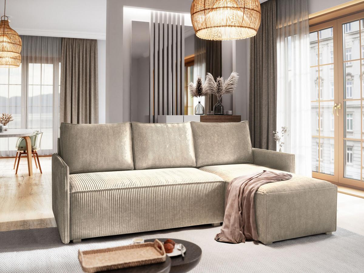 ECKSOFA PERUSI Beige Kordstoff mit Schlaffunktion - Beige/Grau, Holz/Kunststoff (206/143cm) - MASSENO