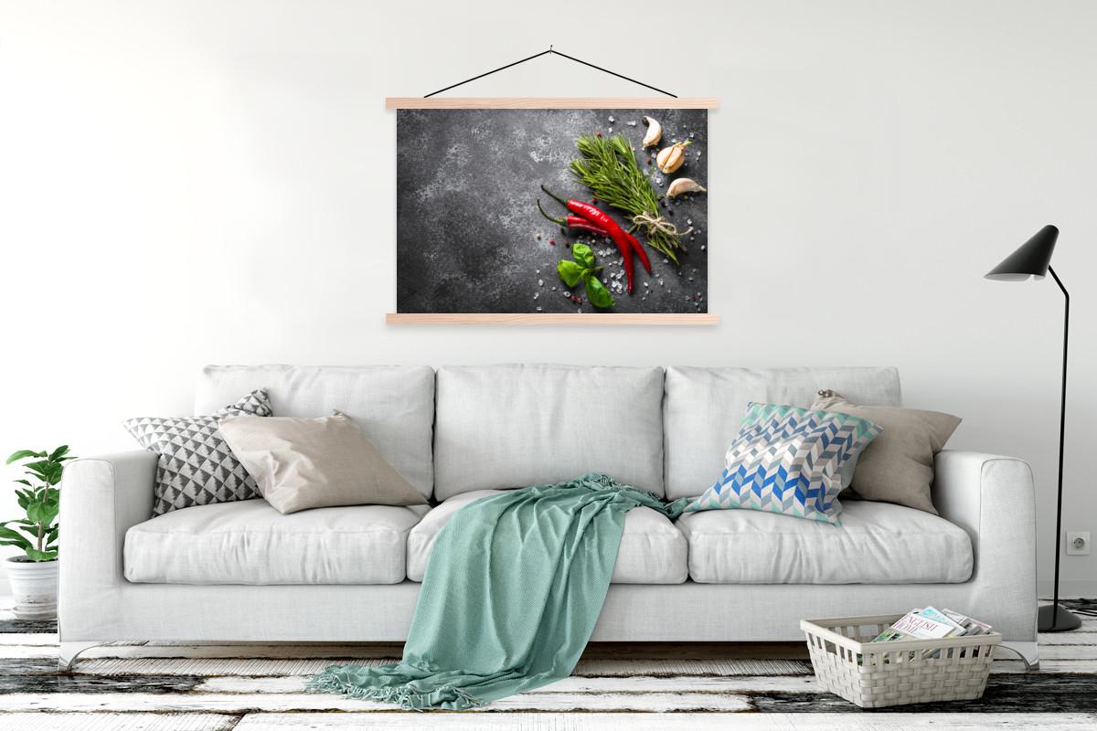 POSTER MIT MAGNETLEISTEN Pfeffer - Kräuter - Gewürze - Beton Magnetleiste 120x80 cm - Dunkelgrau, Textil (120/80/0.15cm) - MuchoWow