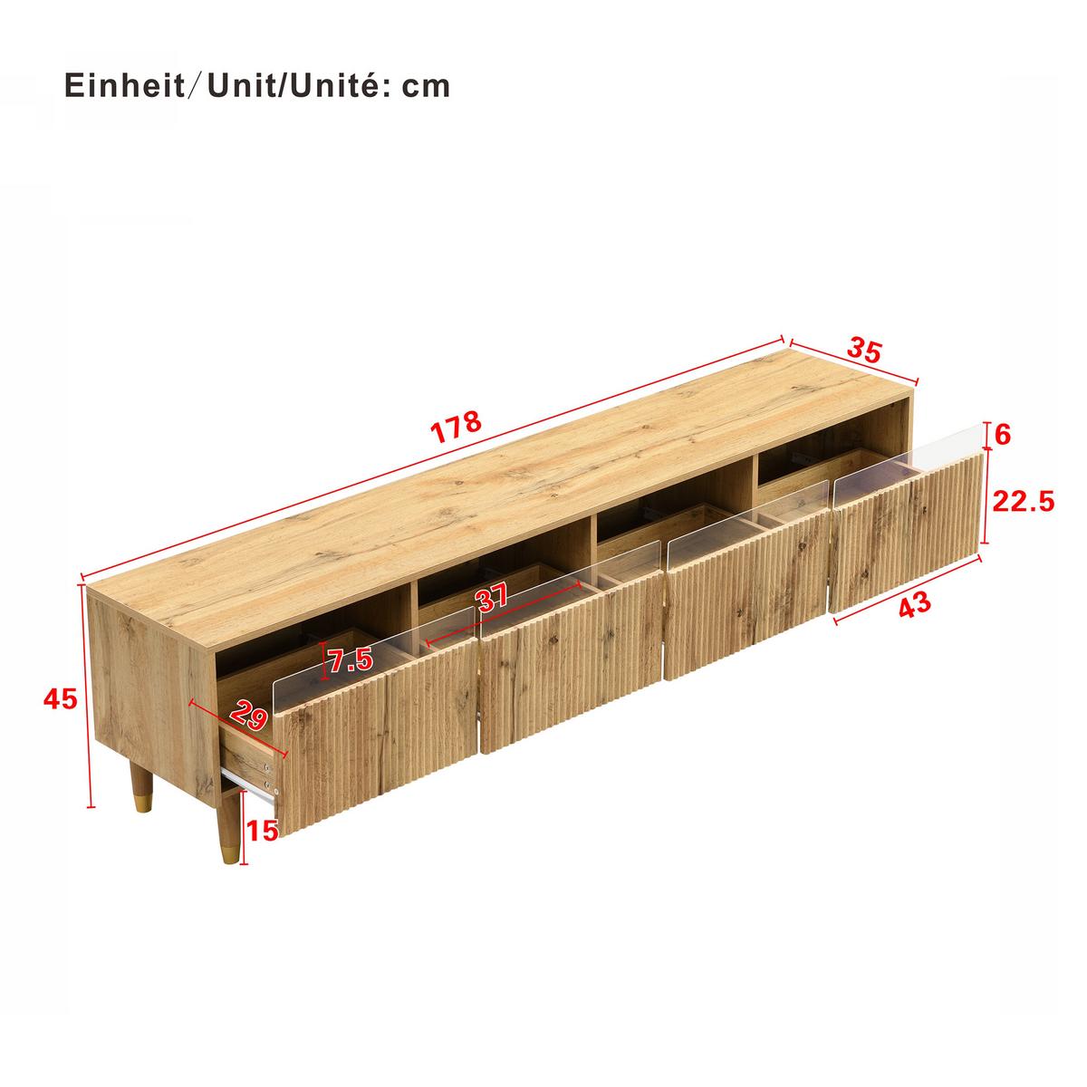 TV-LOWBOARD holzoptik & rillen-design – 4 schubladen & 178 cm länge - Naturfarben, Holzwerkstoff (178/45/35cm) - Urban Meuble
