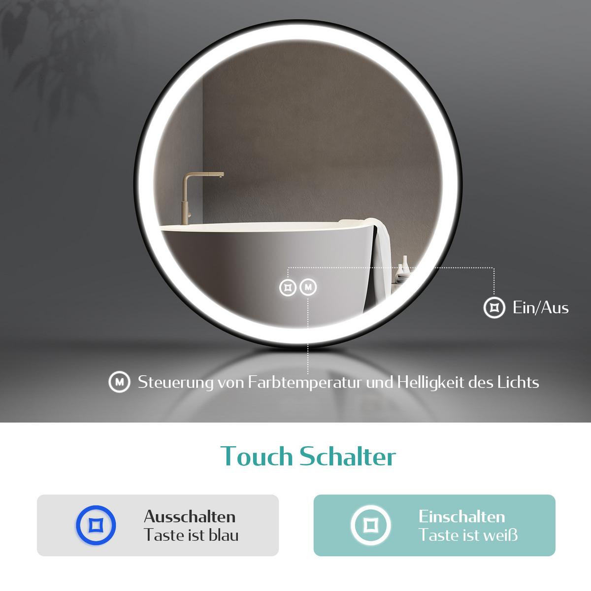BADSPIEGEL Rund mit Touch-Schalter Beleuchtung mit Hängeriemen Schwarz Ø 80 cm - Schwarz, Glas (80/80/3.5cm) - EMKE