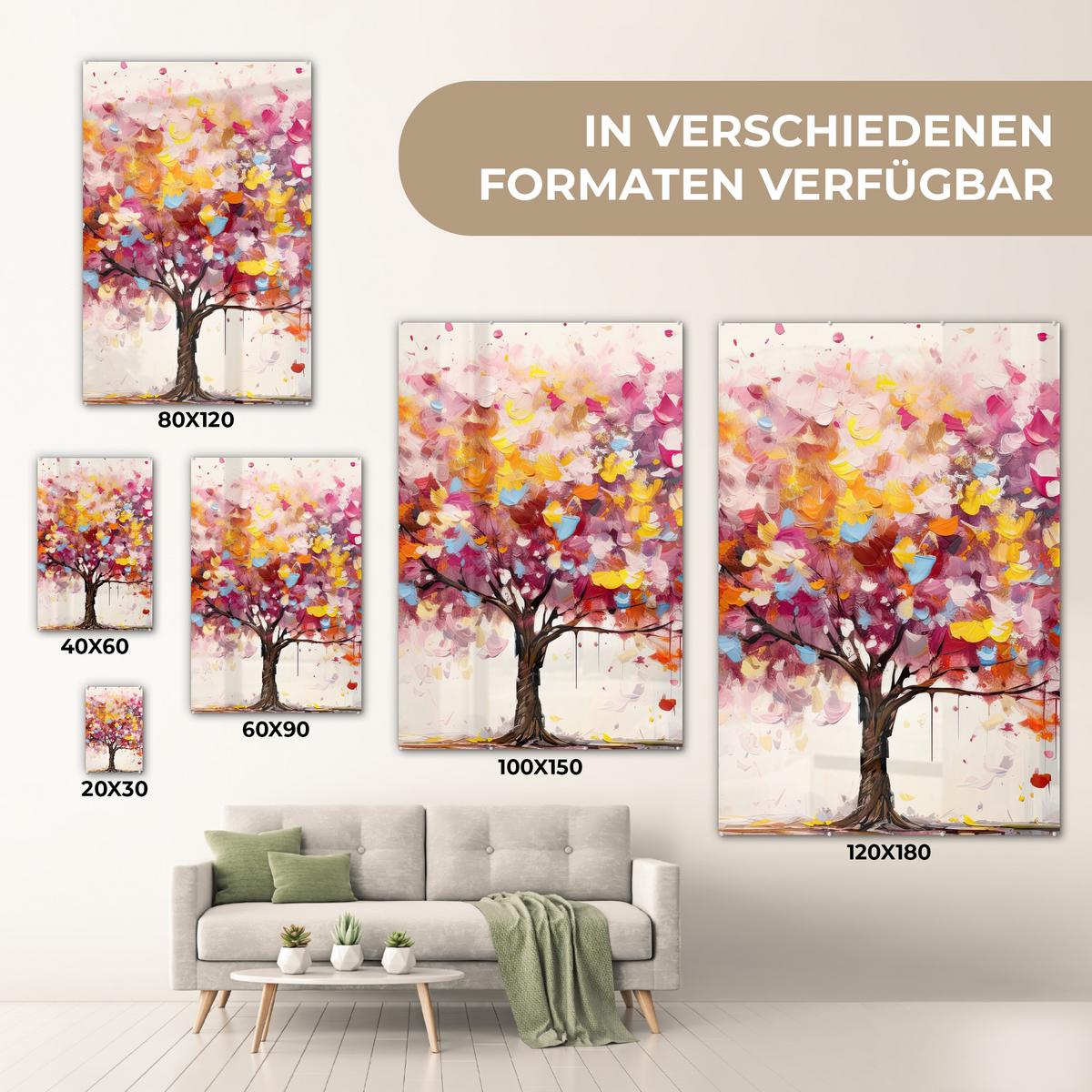 ACRYLGLASBILD Aquarell - Baum - Kunst - Abstrakt 80x120 cm - Multicolor, Glas (80/120cm) - MuchoWow